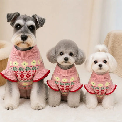 Pink Floral Ruffle Dog Sweater worn by a dog during an everyday outing, view 3