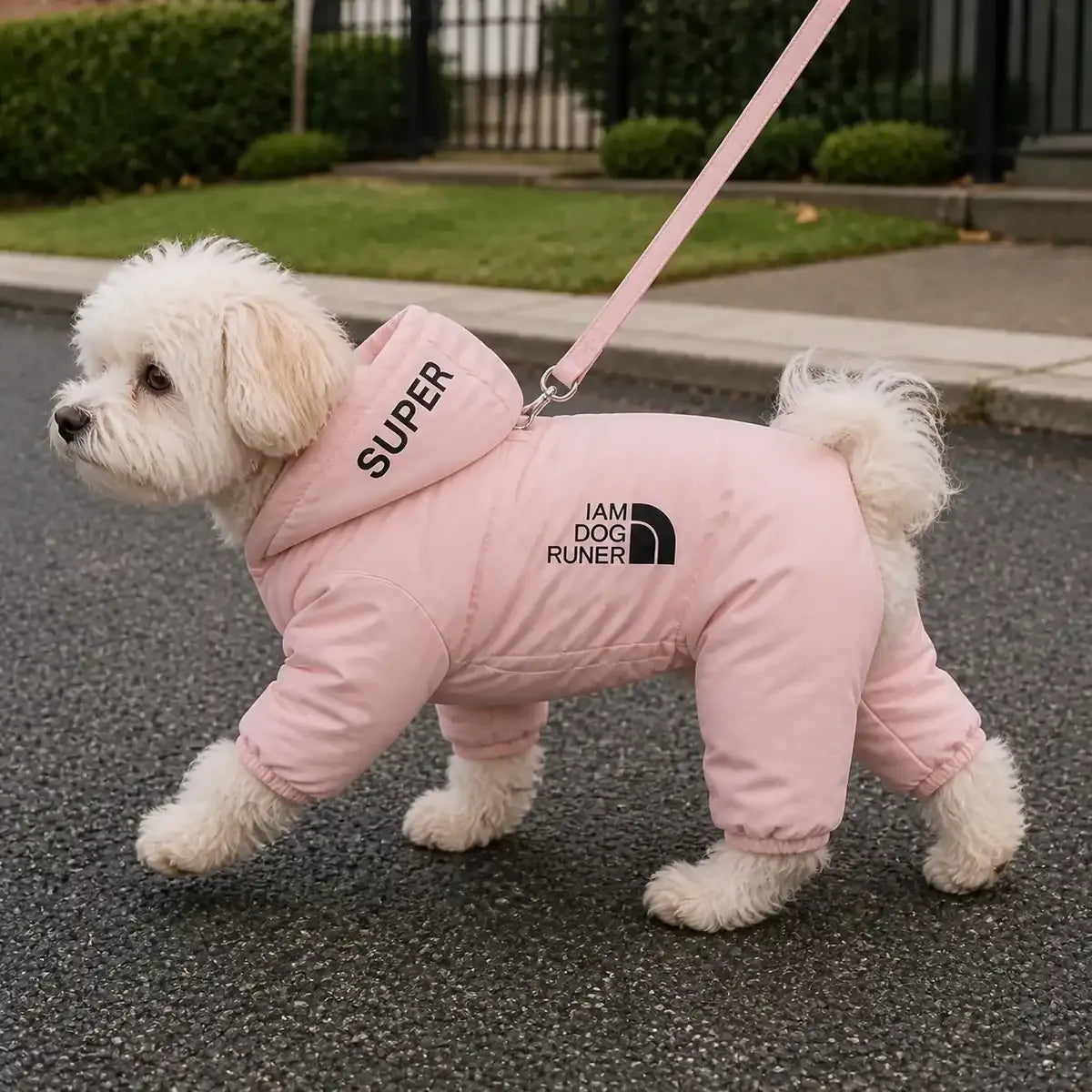 Pink Padded Dog Coat worn by a dog during an everyday outing