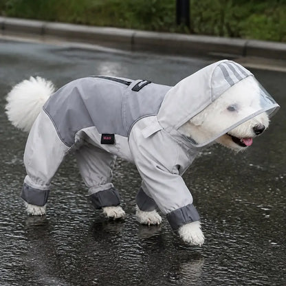 Reflective Full-Coverage Dog Raincoat worn by a dog during an everyday outing