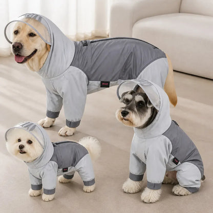 Reflective Full-Coverage Dog Raincoat worn by a dog during an everyday outing, view 3