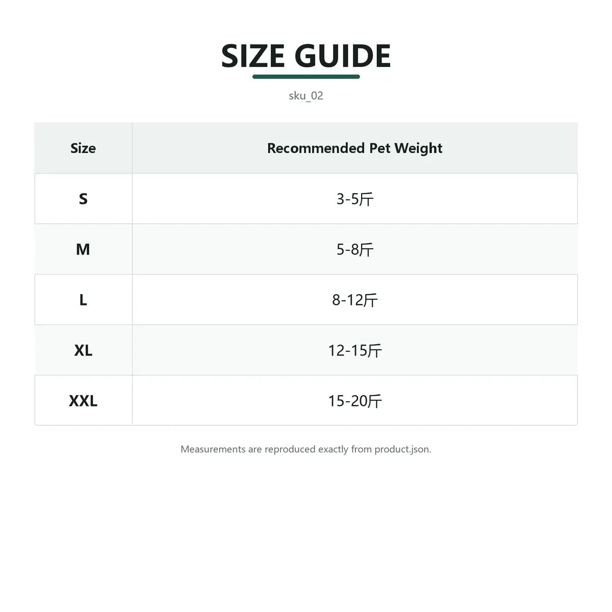 Size guide for Hooded Dog Rain Jacket with fit measurements