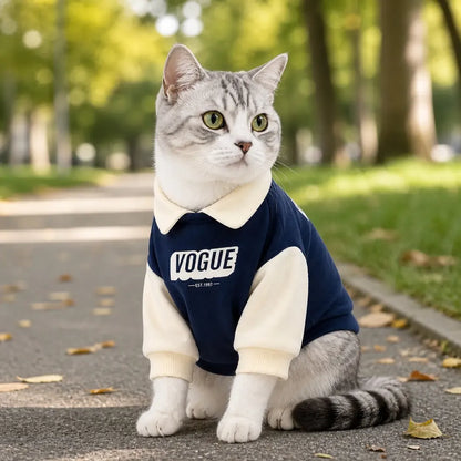 Colorblock Polo Cat Sweatshirt worn by a cat during an everyday outing, view 2