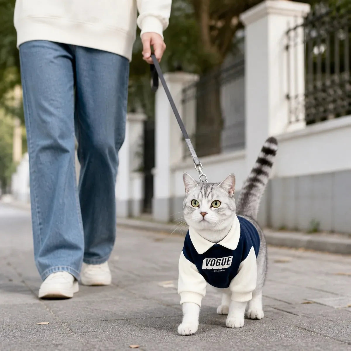 Colorblock Polo Cat Sweatshirt worn by a cat during an everyday outing, view 3