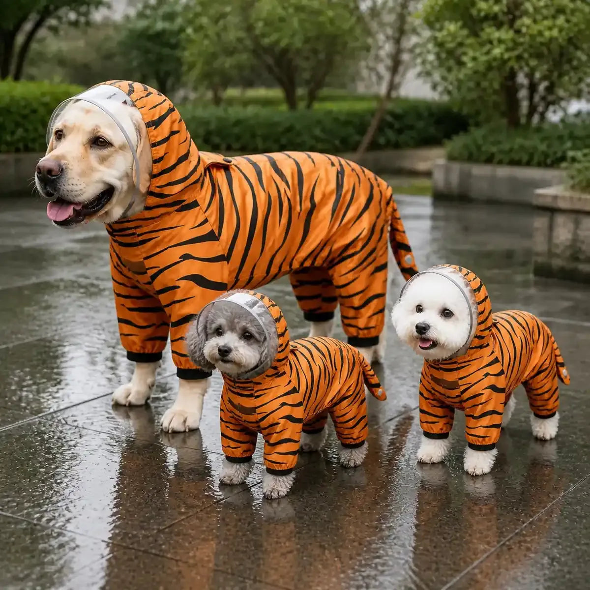 Tiger Print Full-Coverage Dog Raincoat worn by a dog during an everyday outing, view 3