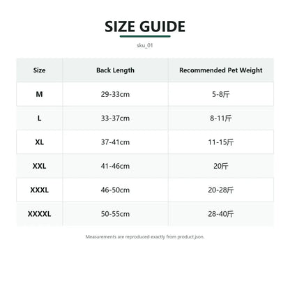 Size guide for Tiger Print Full-Coverage Dog Raincoat with fit measurements