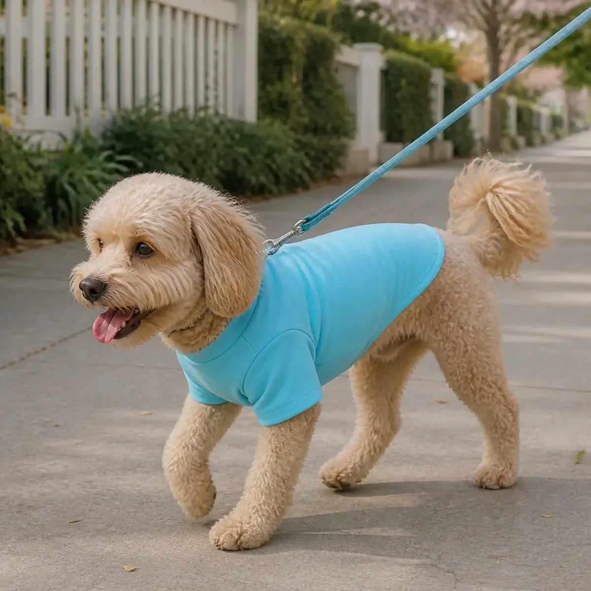 Colorful Small Dog T-Shirt worn by a dog during an everyday outing