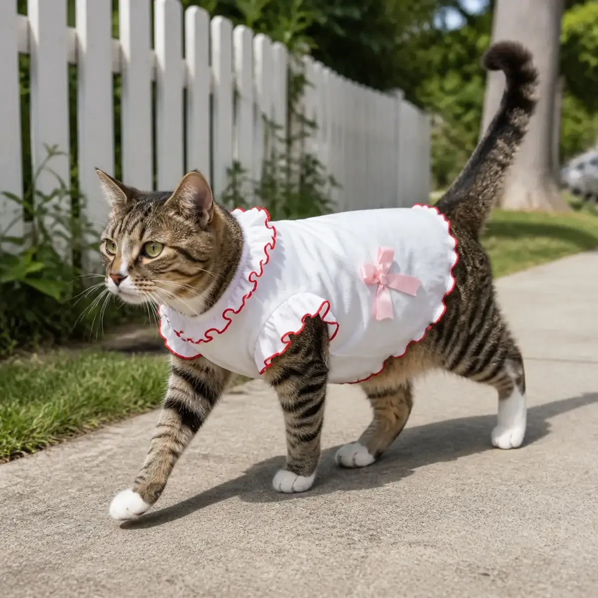 Two-Color Cat Vest worn by a cat during an everyday outing