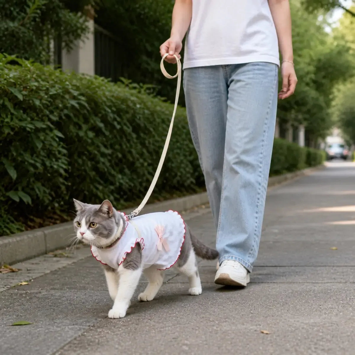 Two-Color Cat Vest worn by a cat during an everyday outing, view 3