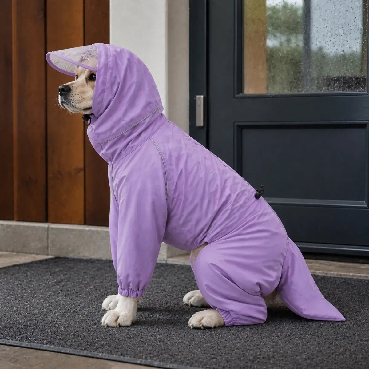 Full-Coverage Dog Rain Suit worn by a dog during an everyday outing, view 2