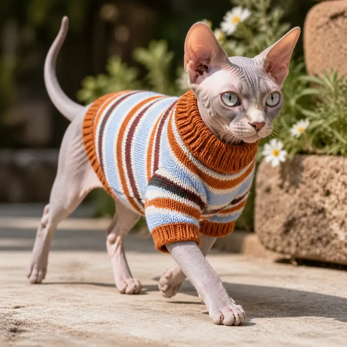 Caramel Stripe Pet Sweater worn by a pet during an everyday outing
