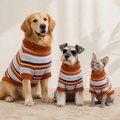 Caramel Stripe Pet Sweater worn by a pet during an everyday outing, view 3