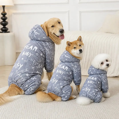 Several pets wearing Gray Printed Four-Leg Dog Coat in a size comparison scene