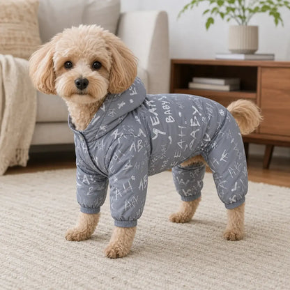 Gray Printed Four-Leg Dog Coat worn by a dog in an indoor everyday setting