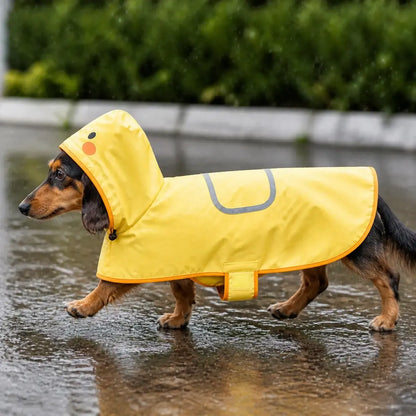 Duck Cape Dog Raincoat worn by a dog during an everyday outing