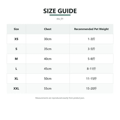 Size guide for Rainbow Stripe Dog Vest with fit measurements