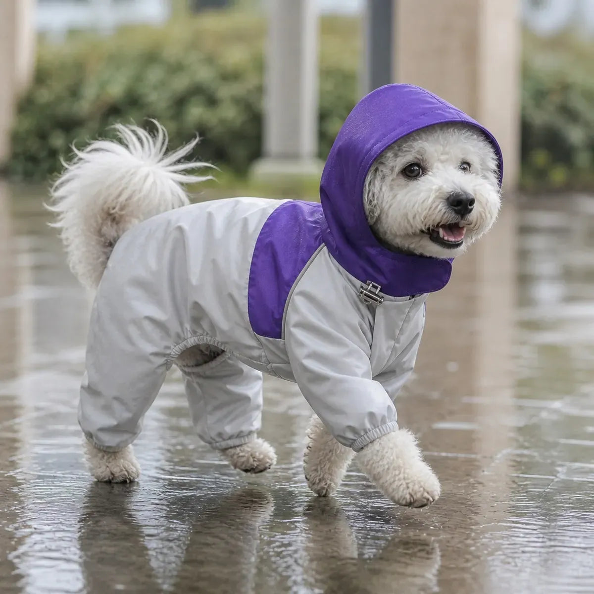 Colorblock Utility Dog Raincoat worn by a dog during an everyday outing