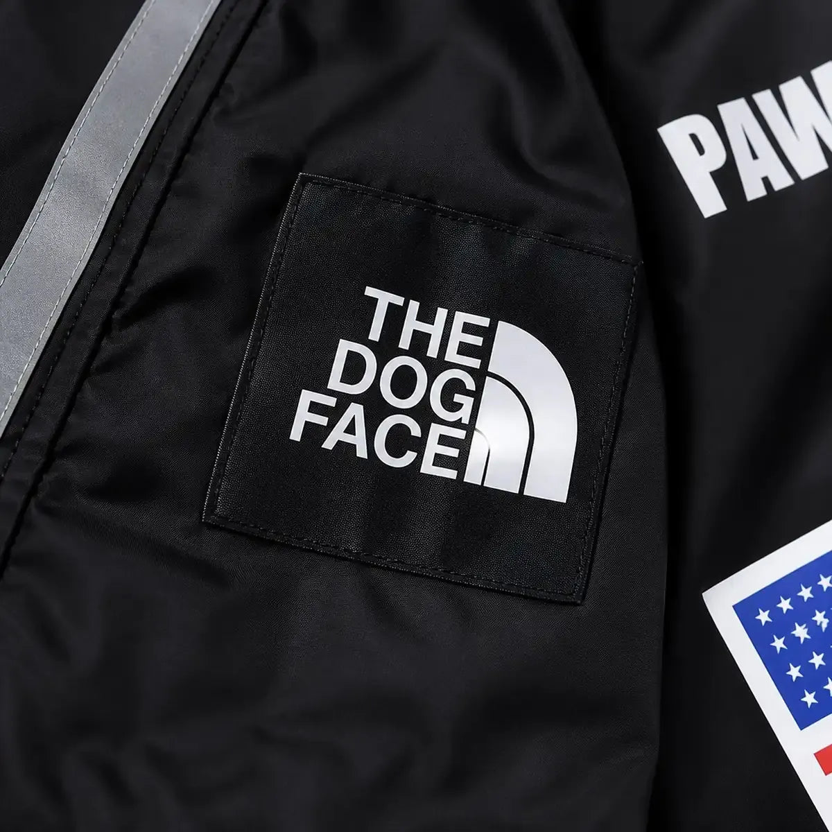 Close detail of Flag Print Large Dog Rain Jacket showing visible texture and construction