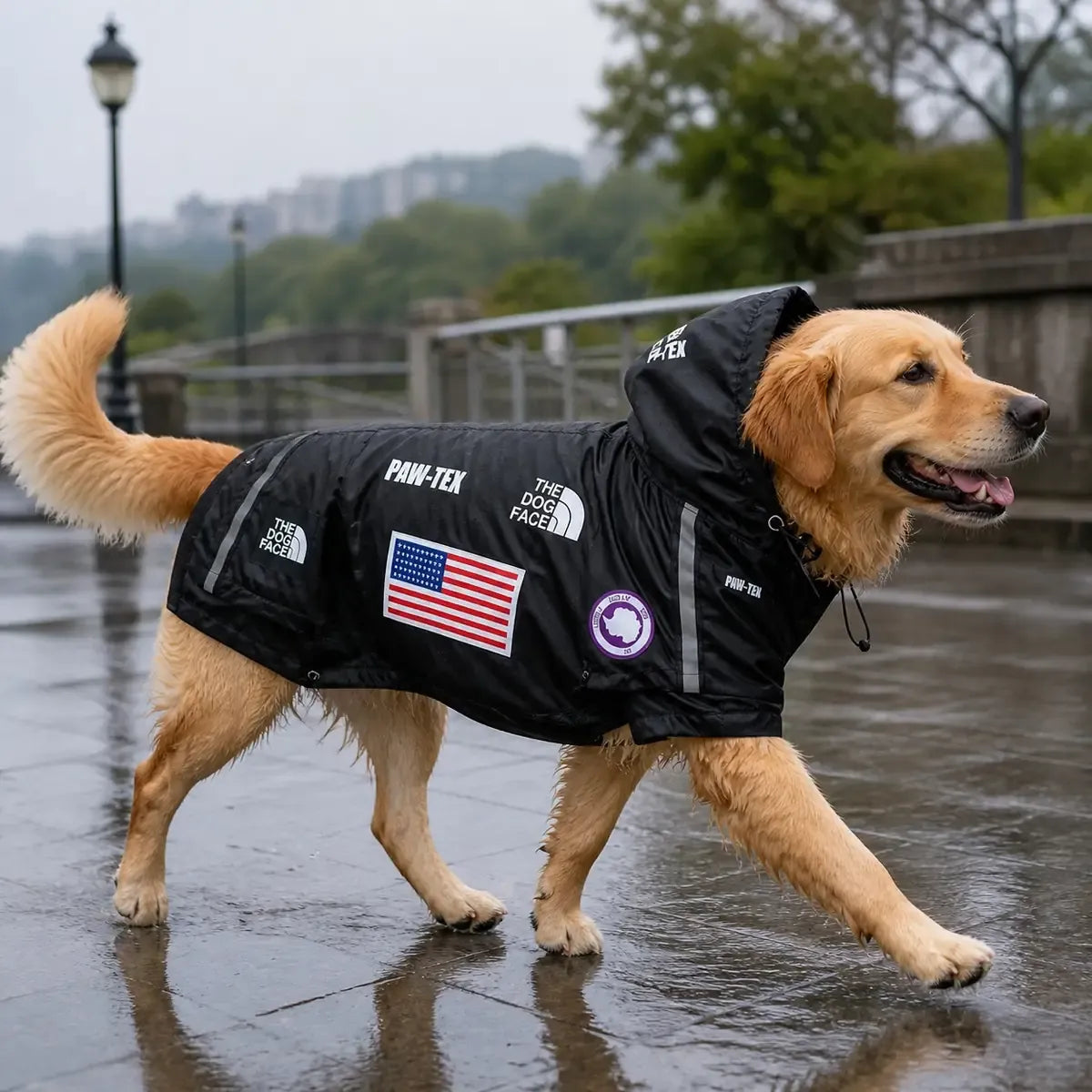 Flag Print Large Dog Rain Jacket worn by a dog during an everyday outing