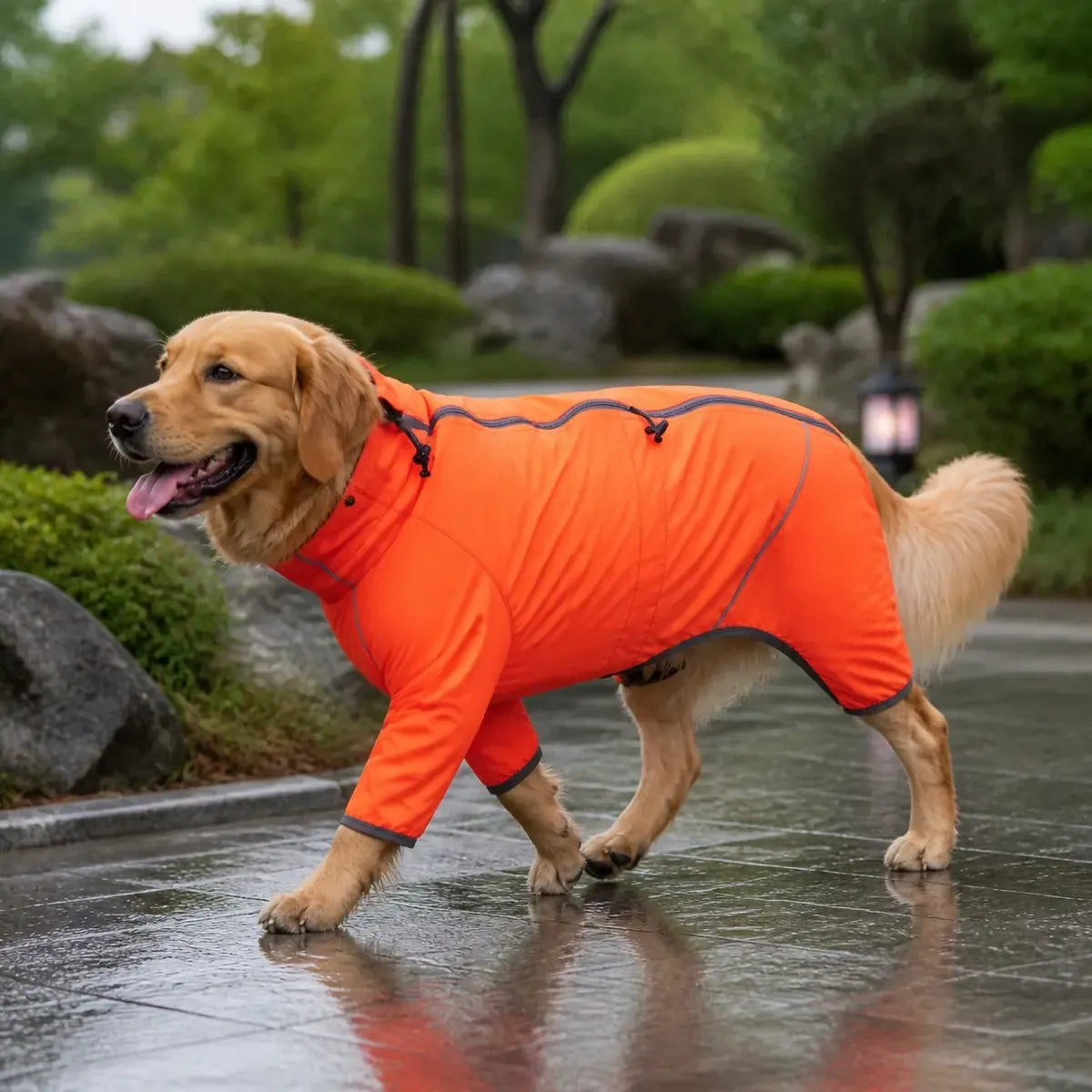 Four-Leg Dog Rain Jacket worn by a dog during an everyday outing