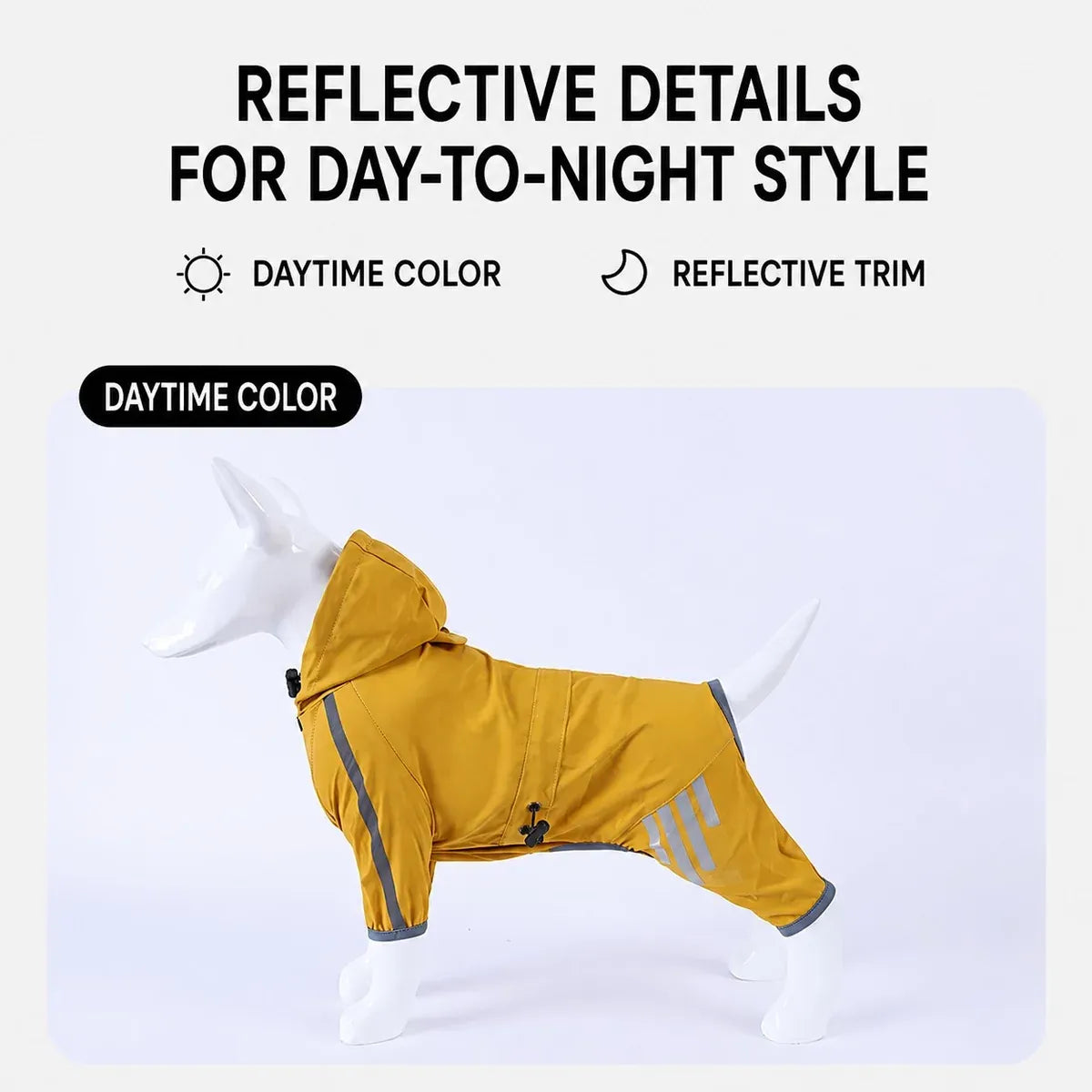 Reflective trim on the Small Dog Four-Leg Raincoat