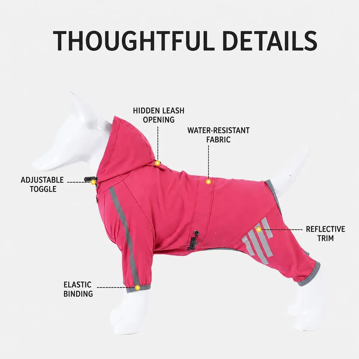 Small dog raincoat details: hidden leash opening, adjustable toggle and reflective trim