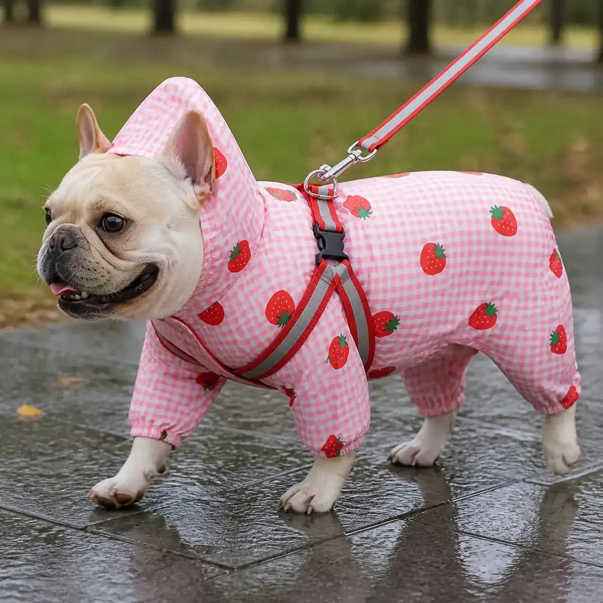 Duck Character Dog Raincoat worn by a dog during an everyday outing