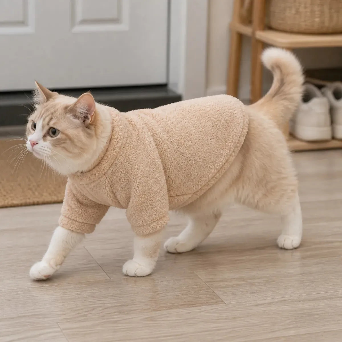 Fleece Cat Hoodie worn by a cat during an everyday outing