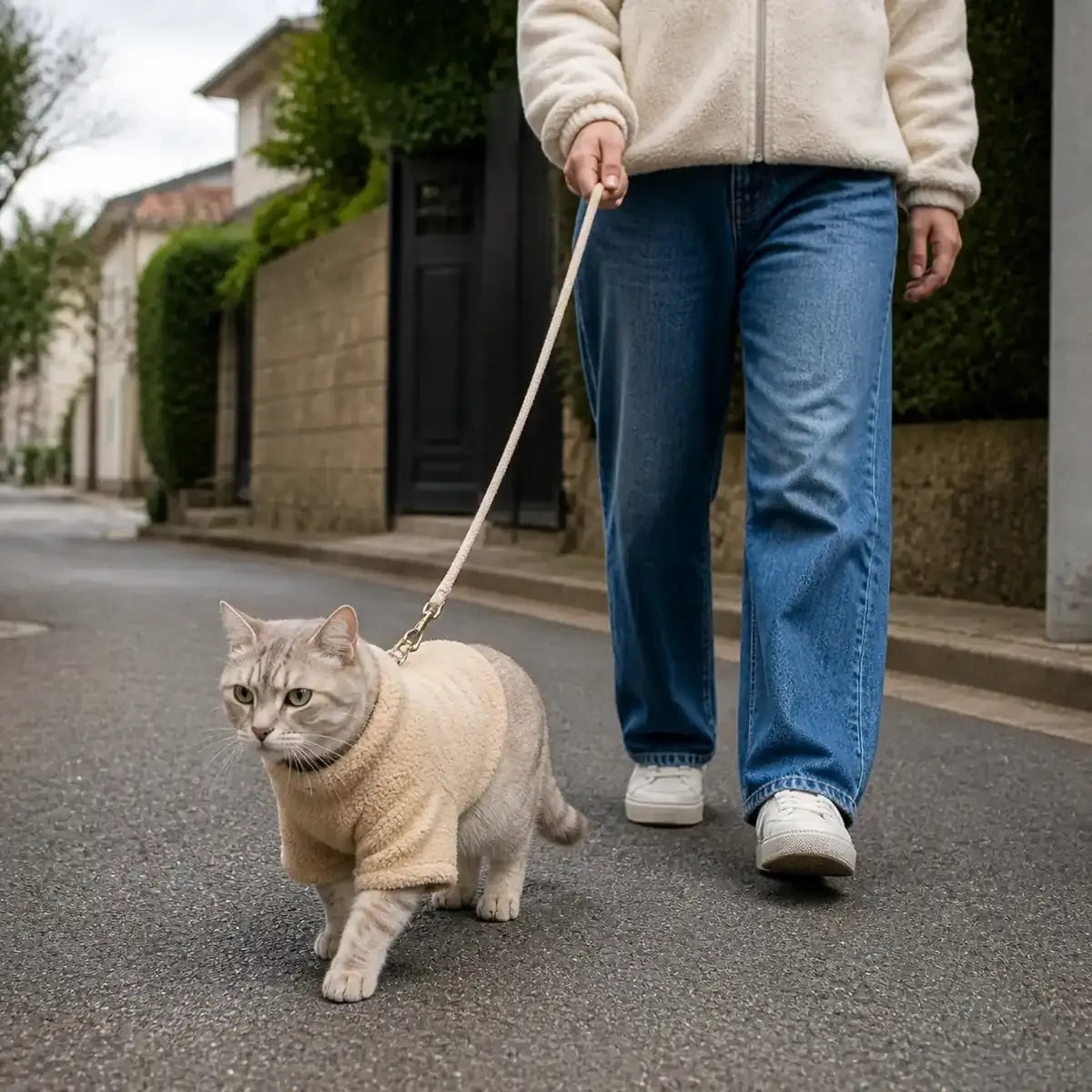 Fleece Cat Hoodie worn by a cat during an everyday outing, view 3