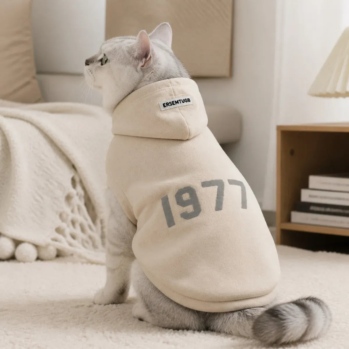 Hooded Fleece Cat Sweatshirt worn by a cat during an everyday outing, view 2
