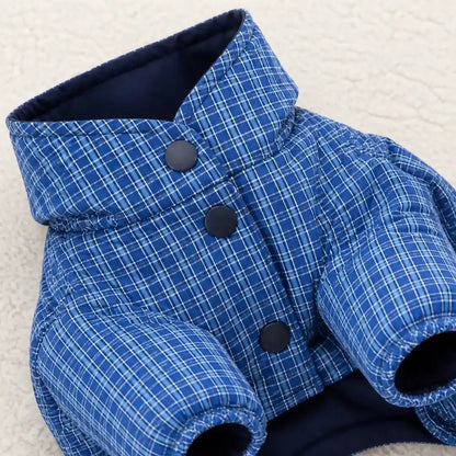 Close detail of Blue Plaid Dog Puffer Coat showing visible texture and construction, view 2