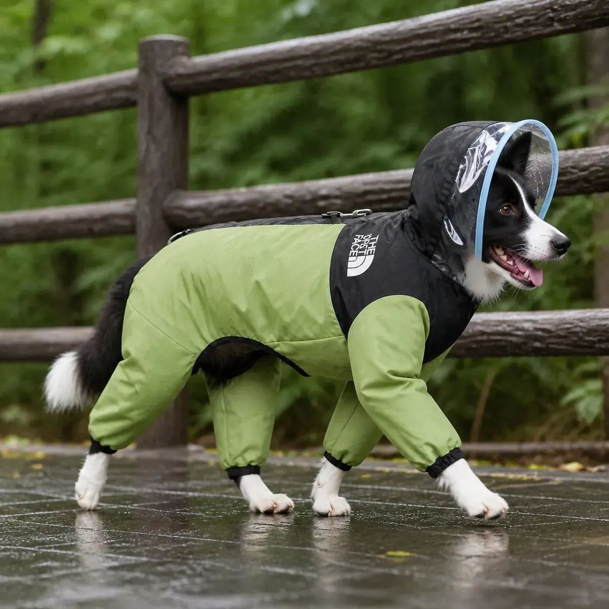 Full-Coverage Large Dog Raincoat worn by a dog during an everyday outing