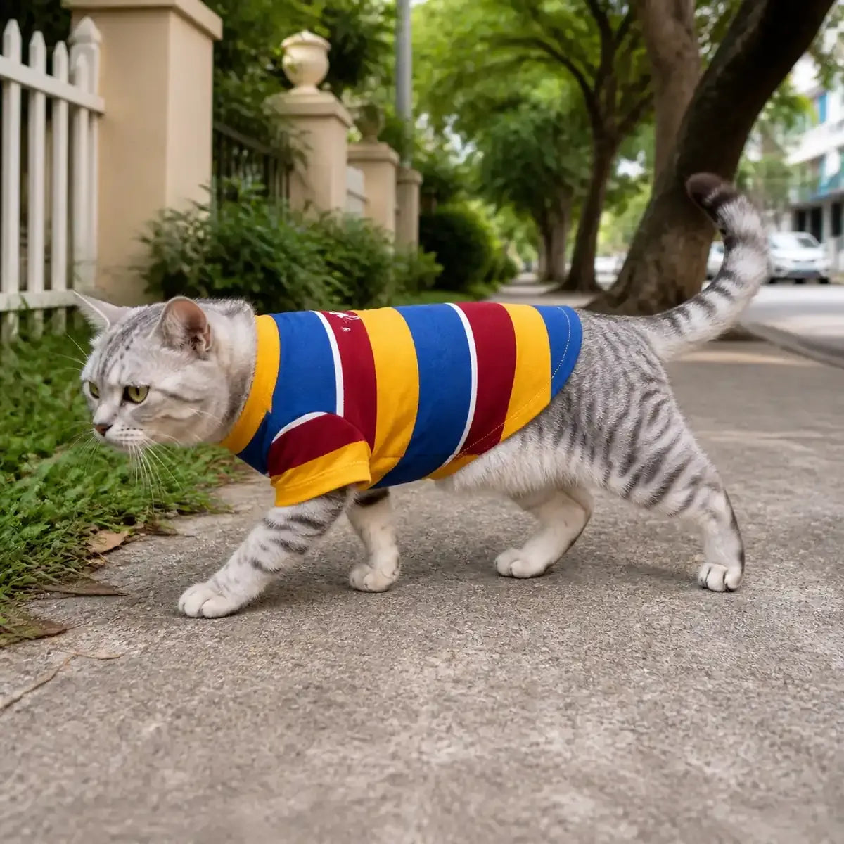 Striped Dog Sweatshirt worn by a dog during an everyday outing