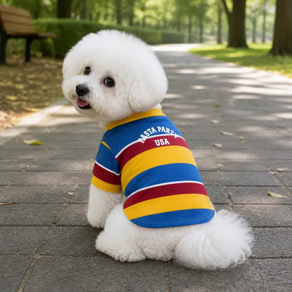 Striped Dog Sweatshirt worn by a dog during an everyday outing, view 2