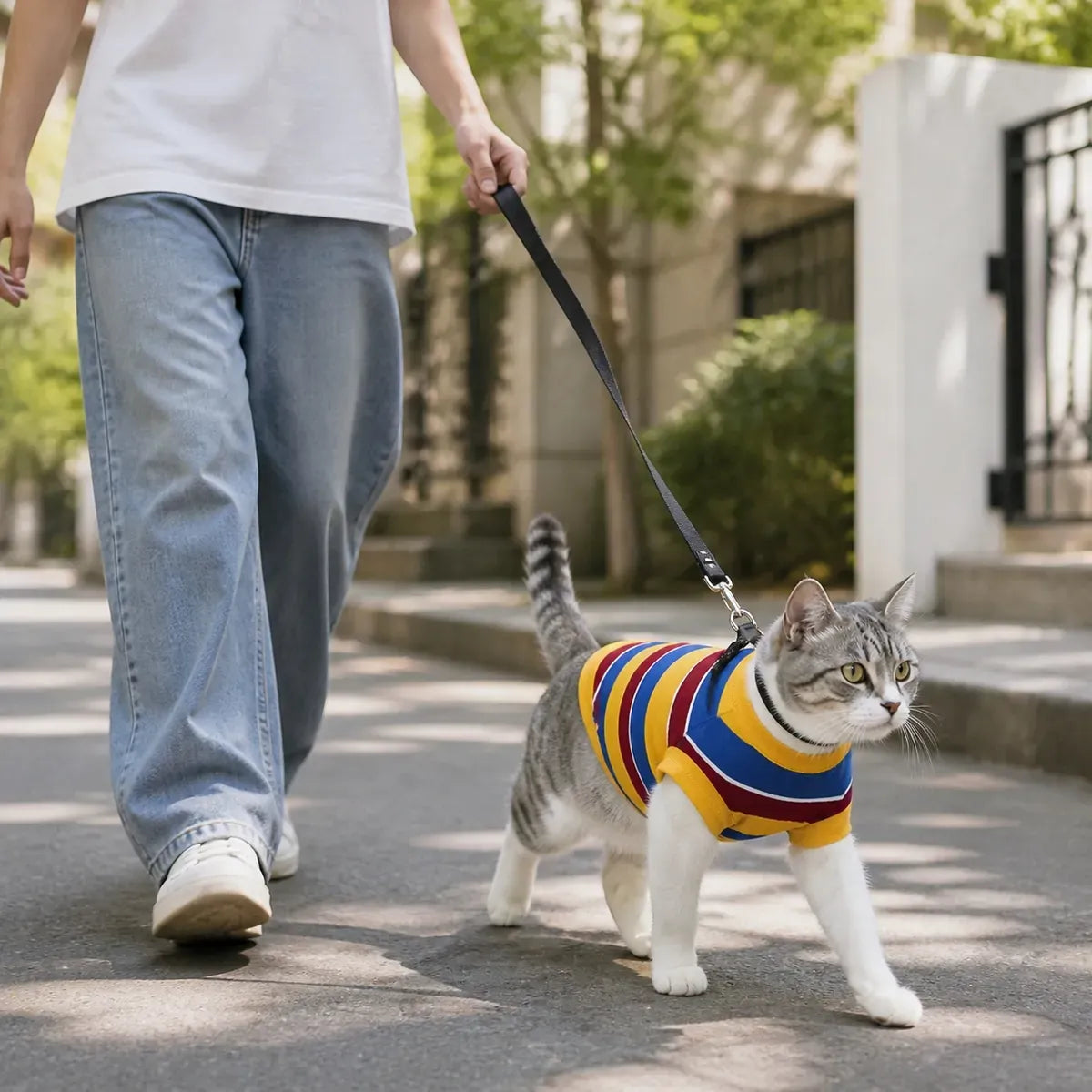 Striped Dog Sweatshirt worn by a dog during an everyday outing, view 3