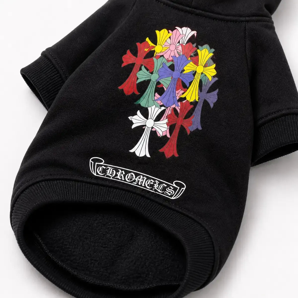 Close detail of Black Cross Graphic Dog Hoodie showing visible texture and construction, view 2