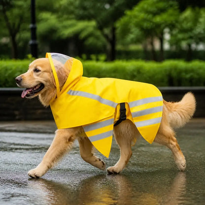 Reflective Hooded Dog Raincoat worn by a dog during an everyday outing