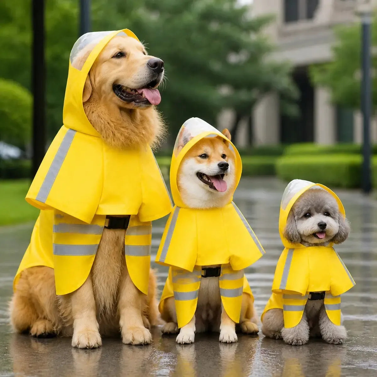 Reflective Hooded Dog Raincoat worn by a dog during an everyday outing, view 3