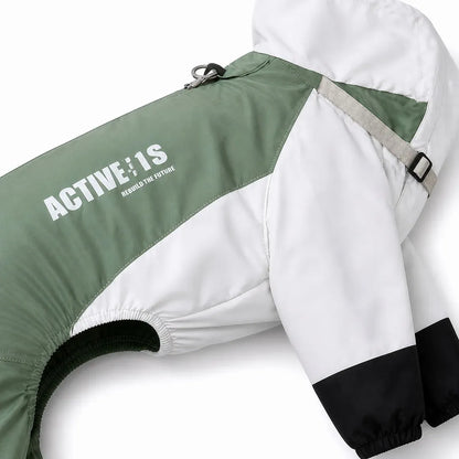 Close detail of Colorblock Dog Raincoat showing visible texture and construction