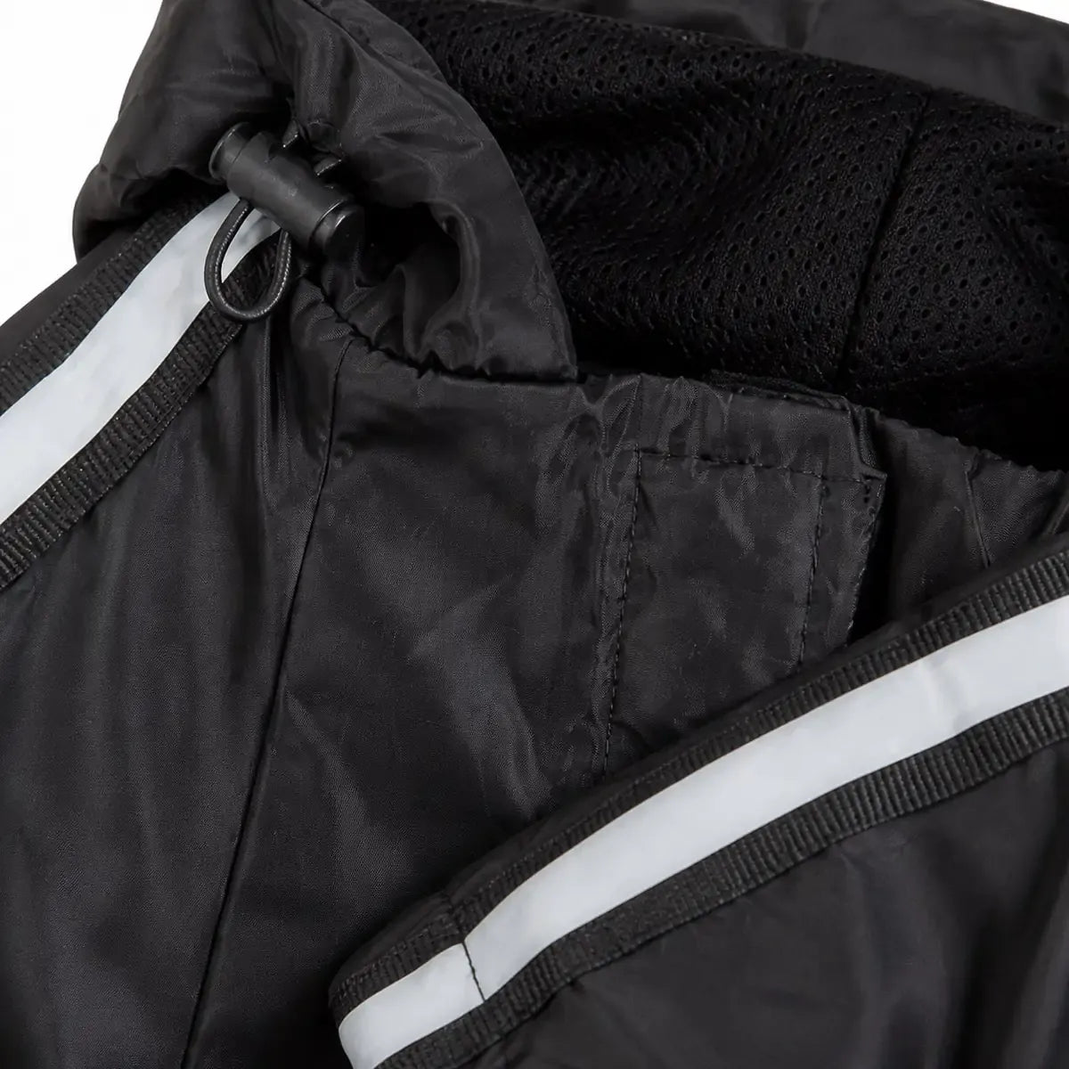 Close detail of Reflective Outdoor Dog Rain Jacket showing visible texture and construction