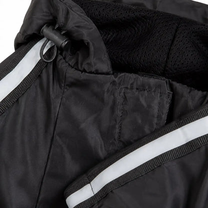 Close detail of Reflective Outdoor Dog Rain Jacket showing visible texture and construction