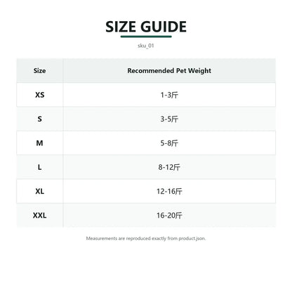 Size guide for Pastel Fleece Pet Suit with fit measurements