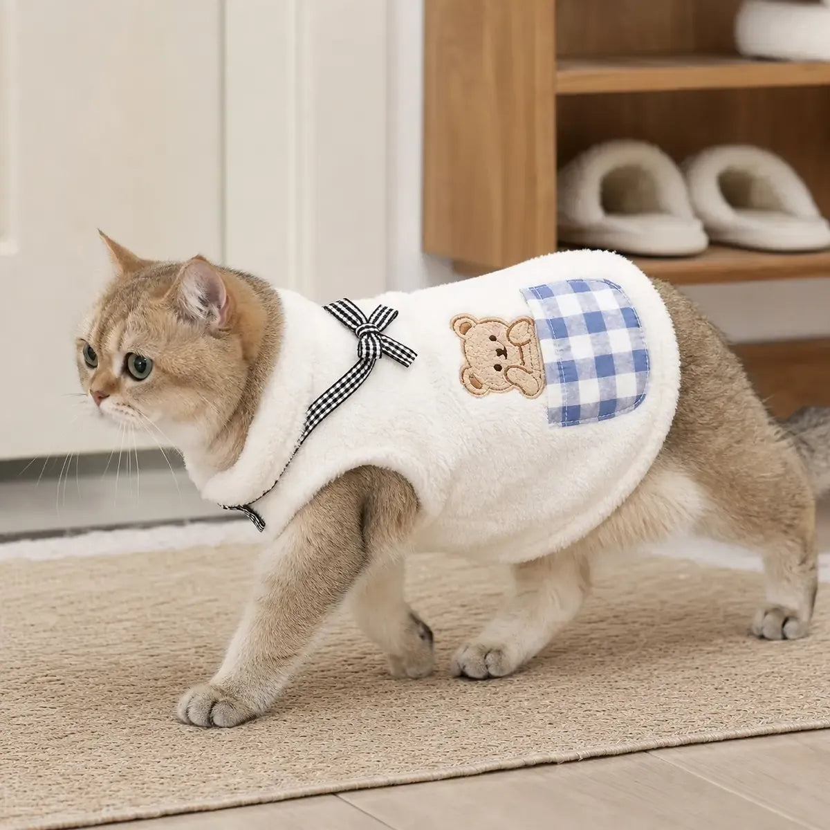 Plaid Cat Vest worn by a cat during an everyday outing