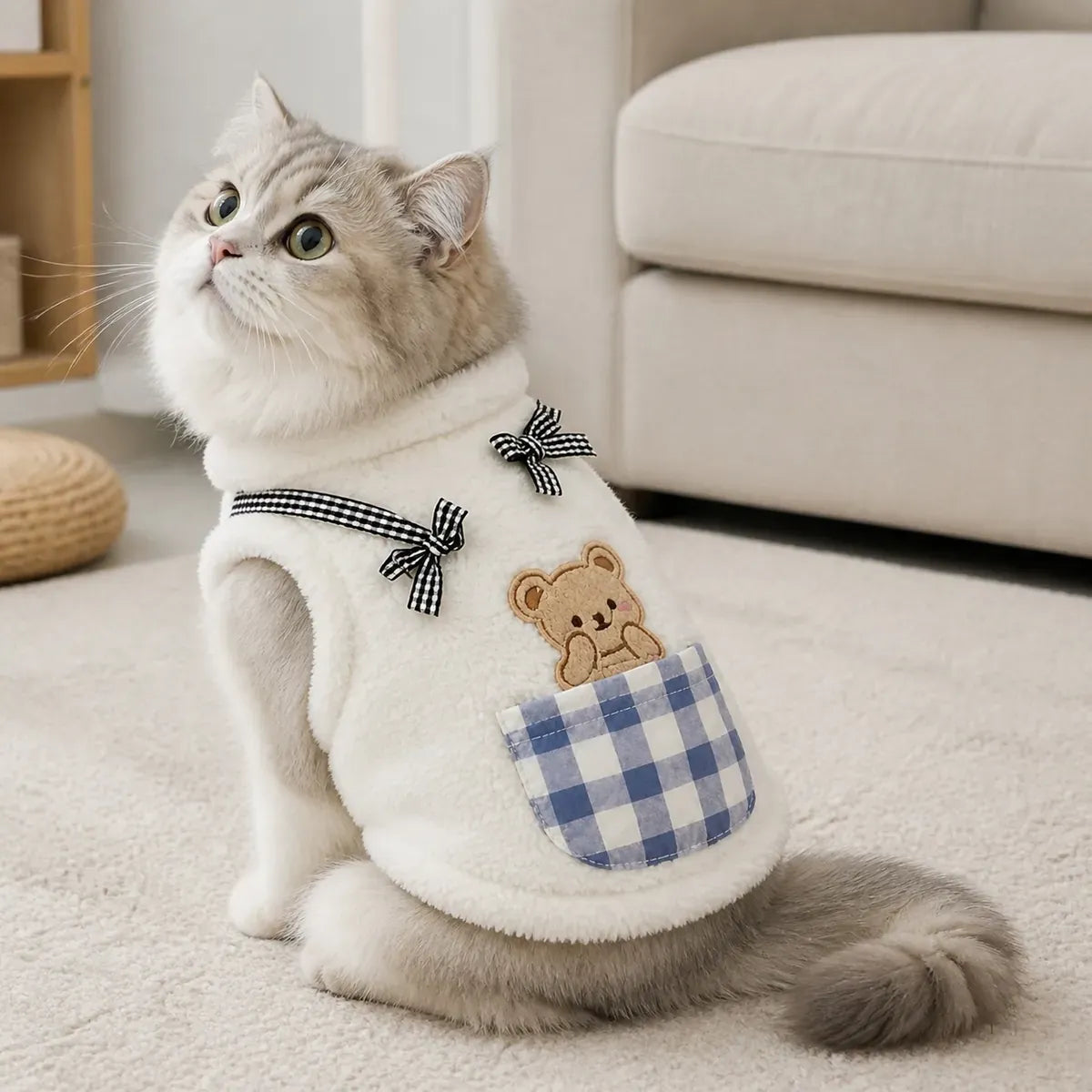 Plaid Cat Vest worn by a cat during an everyday outing, view 2