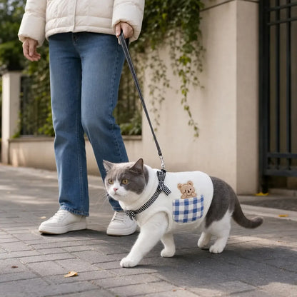 Plaid Cat Vest worn by a cat during an everyday outing, view 3