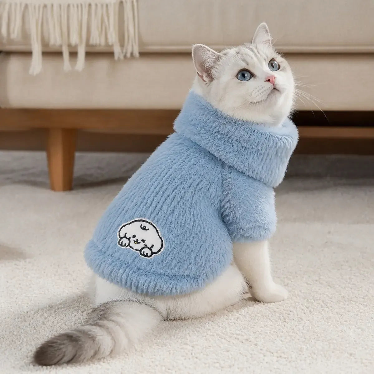Three-Color Hooded Cat Sweatshirt worn by a cat during an everyday outing, view 2