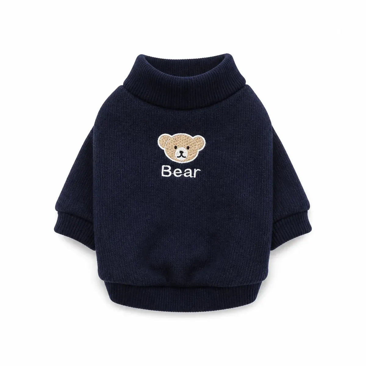 Blue fleece lined bear patch cat sweater shown alone on a white background