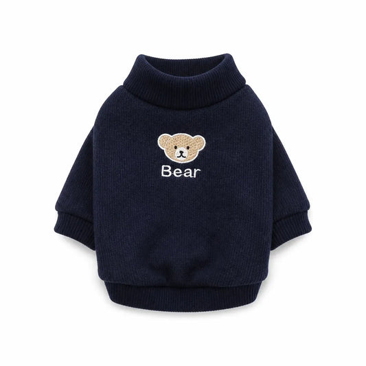 Blue fleece lined bear patch cat sweater shown alone on a white background