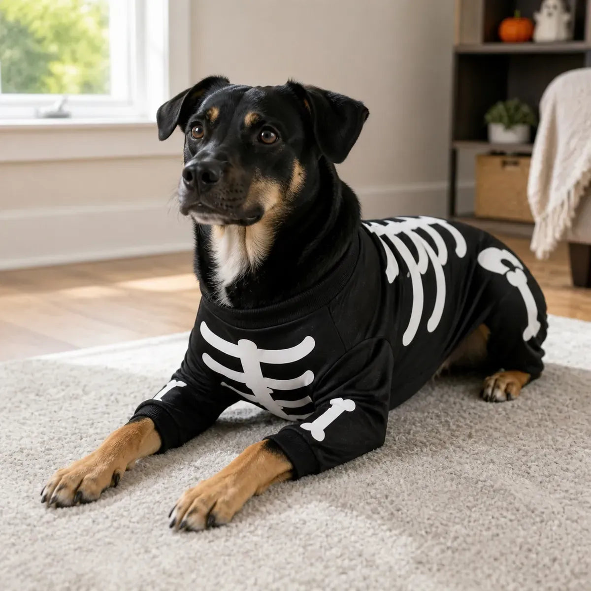 Black dog wearing a black skeleton Halloween costume indoors