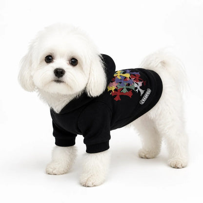 dog wearing a Black black hooded dog sweatshirt