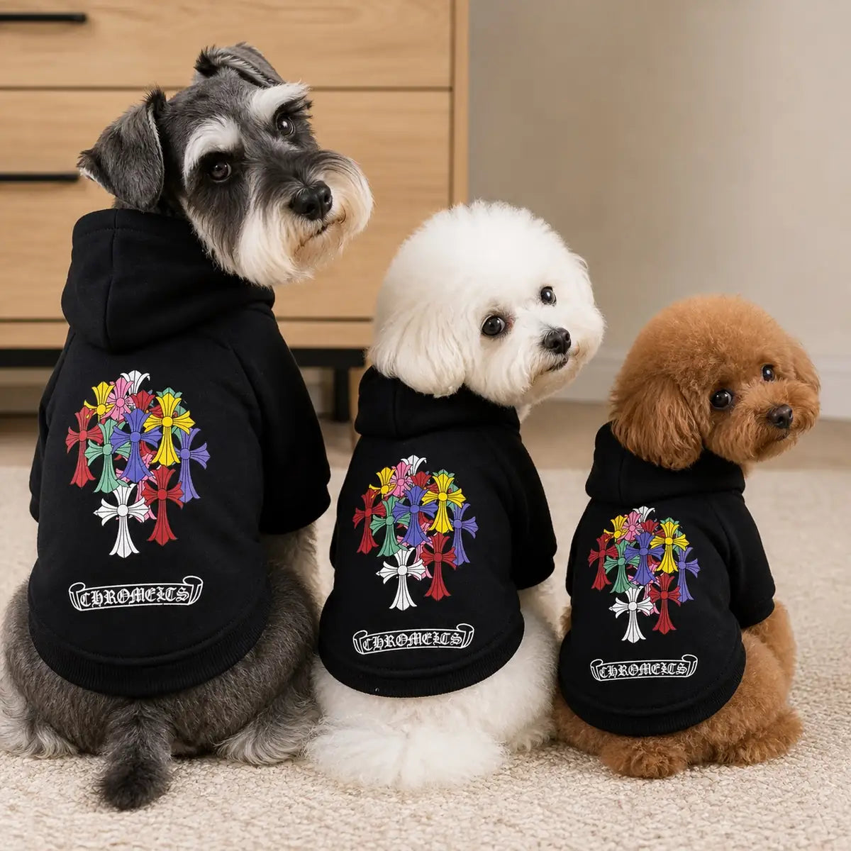black hooded dog sweatshirt multi-breed showcase